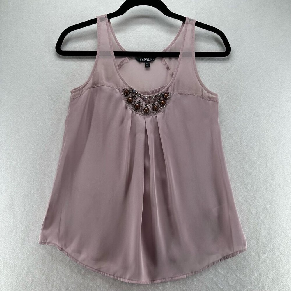 Express Top Womens Sz XS Chiffon Trim Satin Embellished Pleated Sleeveless Pink